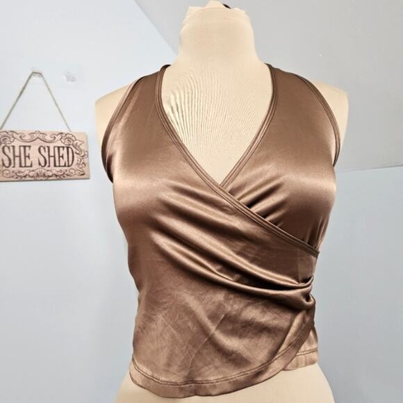 Nally and Millie Bronze Surplice Neck Ruched Side Cropped Halter Top Y2K Medium - Picture 1 of 13